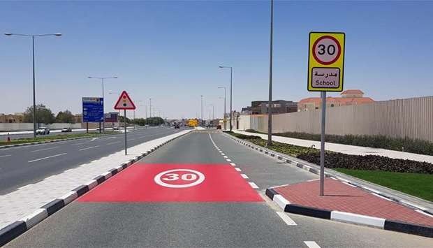 Ashghal approved school zone road marking and speed limit 30 signage in Qatar